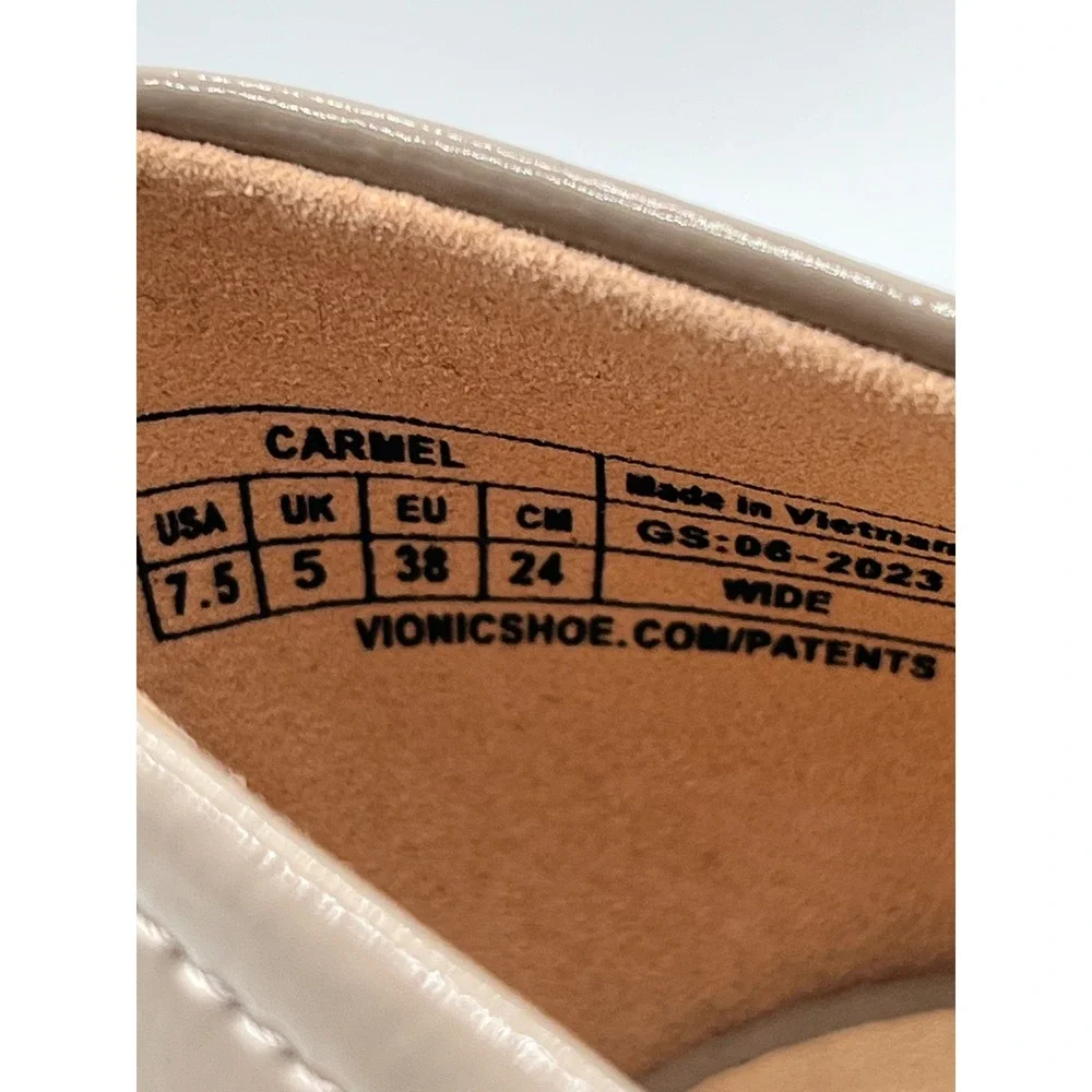 Vionic Carmel Taupe Patent Block Heel Pumps Women Sz 7.5 Wide Round Toe Shoes